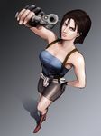  belt black_hair blue_eyes boots breasts female fingerless_gloves full_body gloves gradient gradient_background gun hidemajin highres jill_valentine miniskirt resident_evil resident_evil_3 short_hair skirt solo wabi_(pixiv1981015) weapon 