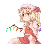  blonde_hair blush box collar crystal dress flandre_scarlet frills gift gift_box hat heart-shaped_box holding mob_cap myonde navel puffy_short_sleeves puffy_sleeves red_dress red_eyes short_hair short_sleeves simple_background smile solo touhou valentine white_background wings 
