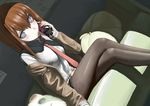  bottle_to_cheek brown_hair crossed_legs dr_pepper dutch_angle grey_eyes legs long_hair makise_kurisu mocha_(snowflake) necktie pantyhose ringed_eyes sitting solo steins;gate 