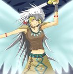  1girl arm_up armpits blonde_hair choker collarbone duel_monster facial_mark feathers female guardian_eatos headdress holding jewelry looking_at_viewer midriff mound_of_venus native_american_clothes navel necklace outstretched_arm shoulder_pads skirt solo sword tank_top tattoo weapon wings wristband yellow_eyes yu-gi-oh! yuu-gi-ou_duel_monsters 
