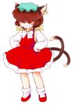  animal_ears blush_stickers bow brown_hair cat_ears cat_tail chen earrings fangs grin hair_over_eyes hands_on_hips hat jewelry multiple_tails short_hair single_earring smile solo sotto tail touhou 
