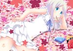  ano_hi_mita_hana_no_namae_wo_bokutachi_wa_mada_shiranai. aqua_eyes bad_id bad_pixiv_id bare_legs blush dress flower food hand_on_hip head_rest honma_meiko liong long_hair lying mouth_hold on_side pocky silver_hair sleeveless solo 