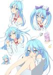  ahoge animal_ears bare_shoulders blue_eyes blue_hair blush bow box cat_ears cat_tail choker closed_eyes denpa_onna_to_seishun_otoko food food_on_face hair_bow head_tilt heart in_box in_container kemonomimi_mode koikawa_minoru long_hair multiple_persona open_mouth ribbon_choker shirt sitting star tail touwa_erio twintails ufo wrapped_up 