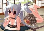  animal_ears barefoot borrowed_character braid breasts cleavage collar grey_hair lying medium_breasts minidraco on_stomach original plaid plaid_skirt red_eyes shi-chan_(oruton) skirt smile solo tail tatami twintails 