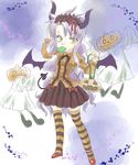  anonymity bat_wings blouse blue_hair bow candy demon_girl green_eyes halloween headdress horns jack-o&#039;-lantern lollipop pumpkin skirt striped_thighhighs tagme thighhighs wings 