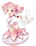  :3 bow gloves hair_bow kana_(okitasougo222) kaname_madoka kyubey magical_girl mahou_shoujo_madoka_magica pink_eyes pink_hair short_hair short_twintails twintails 