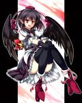  adapted_costume black_hair black_legwear black_skirt black_wings convenient_leg fang fuupu geta hands_on_own_knees hat highres looking_at_viewer open_mouth pointy_ears red_eyes shameimaru_aya skirt smile solo tengu-geta thighhighs touhou upskirt wings 