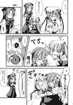  &gt;_&lt; :d bandaid chibi closed_eyes comic fang flandre_scarlet flower glomp greyscale hair_flower hair_ornament hat hat_removed headwear_removed highres hong_meiling hug ichimi monochrome multiple_girls open_mouth remilia_scarlet slapping smile touhou translated xd 