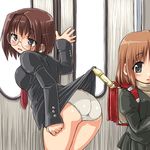  black_eyes blush brown_hair pantsu randosel school_uniform skirt_pulled_up tagme train 