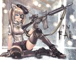  bell belt beret black_thighhighs blonde blue_eyes boots brown_hair eyepatch fn_fal gloves gun hat inumimi kemonomimi necklace nekomimi oppai shirt shorts sitting thighhighs twin_tails wolf_ears 