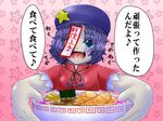  aburaage blue_eyes blue_hair bowl breasts expressive_clothes fangs food hat highres jiangshi medium_breasts miyako_yoshika noodles ofuda open_mouth outstretched_arms pale_skin short_hair solo star touhou translated udon verta_(verlaine) 