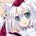  animal_ears blue_eyes blush close-up detached_sleeves dress face fang finger_to_face hat inubashiri_momiji parted_lips pinching_sleeves shirokitsune silver_hair sleeves_past_wrists smile solo tokin_hat touhou white_dress wolf_ears 