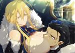  1boy 1girl agravain_(fate/grand_order) armor artoria_pendragon_(all) artoria_pendragon_(lancer) between_breasts black_hair blonde_hair braid breasts commentary_request fate/grand_order fate_(series) french_braid fur_trim hair_between_eyes head_between_breasts huge_breasts nogi_(acclima) short_hair 