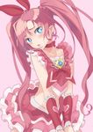 :o blue_eyes blush bow choker collarbone crop_top cure_melody earrings houjou_hibiki jewelry long_hair magical_girl midriff pink_bow pink_hair precure red_choker shy simple_background solo sora-bozu suite_precure twintails 