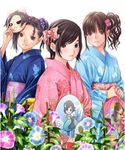  3girls anegasaki_nene fan flower japanese_clothes kimono kobayakawa_rinko love_plus love_plus_plus lowres mino_taro mino_tarou multiple_girls short_hair simple_background smile takane_manaka yukata 