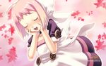  2010 agarest_senki agarest_senki_(series) blonde_hair choker closed_eyes company_name copyright_name dress gradient_hair hands_on_own_cheeks hands_on_own_face highres hirano_katsuyuki multicolored_hair official_art pink_background pink_hair plum_(agarest_senki) short_hair smile solo 