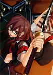  absurdres azuma_sawayoshi brown_eyes brown_hair desk glasses highres katana long_hair mole mole_under_mouth original school school_uniform solo sword weapon 