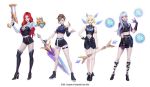  4girls alternate_costume artist_request blonde_hair breasts brown_hair dual_wielding gun handgun holding k/da_(league_of_legends) large_breasts league_of_legends luxanna_crownguard medium_breasts midriff multiple_girls pistol red_hair riven_(league_of_legends) sarah_fortune sword syndra tagme wand weapon white_hair 