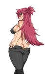  ass bikini_top blush breasts butt_crack dancouga_nova from_behind getter hidaka_aoi highres jeans kitsune-tsuki_(getter) large_breasts lipstick long_hair looking_back magenta_hair makeup pink_hair pixiv_manga_sample red_eyes resized sideboob tattoo tight_pants tramp_stamp 