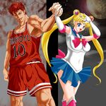  basketball_uniform bishoujo_senshi_sailor_moon blonde_hair character_request couple crossover hand_holding red_hair sailor_moon sakuragi_hanamichi slam_dunk smile sportswear tsukino_usagi uniform 