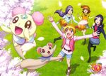  aono_miki belt black_legwear blue_skirt brown_hair buckle cherry_blossoms chiffon_(fresh_precure!) field fresh_precure! full_body grass higashi_setsuna kagawa_hisashi long_sleeves momozono_love multiple_girls official_art outstretched_arms pantyhose pink_vest precure purple_hair red_eyes skirt spring_(season) tart_(fresh_precure!) vest yamabuki_inori 