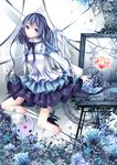  absurdres art_brush bad_id bad_pixiv_id blue_hair dress easel flower highres oekaki_musume original paintbrush painting painting_(object) palette purple_eyes solo stari wings 