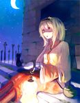  bad_id bad_pixiv_id bag blonde_hair boots brick_wall cat crescent_moon cross-laced_footwear highres lace-up_boots lamp long_hair mittens miysin moon night night_sky original sitting sky solo stairs star 