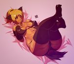  blonde_hair blue_eyes bra breasts butt chubby essui fat female fur gloves hair hands hindpaw huge_butt inuki_(character) leggings legs_up legwear lingerie lying on_back overweight panties paws solo stockings tail thighs tuft underwear 