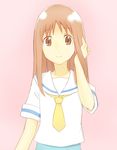  brown_eyes brown_hair crossdressing hand_in_hair hourou_musuko long_hair male_focus nitori_shuuichi otoko_no_ko puchiman school_uniform skirt smile solo 