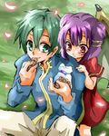  aqua_eyes aqua_hair blush cherry_blossoms cookie cookies dragon_girl dragon_wings dress eating ephraim fire_emblem fire_emblem:_seima_no_kouseki fire_emblem_sacred_stones food from_behind green green_eyes green_hair hand_on_shoulder holding lowres myrrh petals prince purple_hair red_eyes sharing short_hair shy sitting smile wings 