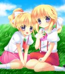  1girl androgynous bad_id bad_pixiv_id blonde_hair blue_eyes bow child fang hair_bow jewelry neon_ui ponytail ribbon ring shorts siblings skirt suspenders umineko_no_naku_koro_ni ushiromiya_jessica ushiromiya_lion younger 