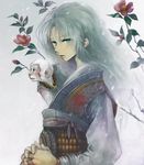  aqua_eyes bad_id bad_pixiv_id camellia chinese_clothes copyright_request flower green_eyes grey_hair hanfu jewelry long_hair monkey necklace ron simple_background solo white_hair 
