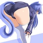  animal_ears ass bent_over blue_hair blush brown_eyes buruma cat_ears cat_tail from_behind gym_uniform jacket long_hair looking_back original purple_hair red_eyes solo tail thighhighs thighs tonpuu track_suit trefoil white_legwear 