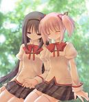  akemi_homura aomi_riru bare_legs black_eyes black_hair bow bowtie closed_eyes hair_ornament hair_ribbon hairband holding_hands kaname_madoka long_hair mahou_shoujo_madoka_magica multiple_girls pink_hair ribbon school_uniform short_hair sleeping tears thighhighs twintails zettai_ryouiki 