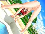  bent_over brown_eyes casual_romance_club censored exposed exposed_breast houkago_ren-ai_club looking_at_viewer nipples nude plaid_hair_ribbon ponytail pool_side red_hair 