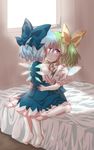  alternate_wings bad_id bad_pixiv_id barefoot blue_eyes blue_hair bow cirno couple daiyousei gradient_wings green_hair hair_bow highres imminent_kiss kuromame_(8gou) multicolored multicolored_wings multiple_girls short_hair side_ponytail touhou wings yuri 