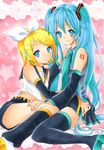  aqua_eyes aqua_hair bad_id bad_pixiv_id blonde_hair detached_sleeves hair_ornament hair_ribbon hairclip hand_on_thigh hatsune_miku highres kagamine_rin kuune_rin long_hair marker_(medium) multiple_girls nail_polish necktie pastel_(medium) ribbon sitting skirt thighhighs traditional_media twintails very_long_hair vocaloid wariza 