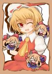  &gt;_&lt; :d ;d ^_^ arm_up ascot blonde_hair blush bow bowtie chibi closed_eyes collaboration dress fang flandre_scarlet hair_bow hat hat_bow hitotonoya_misaki horn_ribbon horns ibuki_suika large_bow long_hair minigirl multiple_girls multiple_persona one_eye_closed open_mouth orange_hair outstretched_arms red_eyes ribbon shirt skirt skirt_set smile spread_arms touhou upper_body v-shaped_eyebrows xd yanagi_(nurikoboshi) |_| 