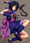  black_hair detached_sleeves female green_eyes hikineetdiary japanese_clothes kunai long_hair makimachi_misao ninja ponytail rurouni_kenshin sandals shuriken solo weapon 