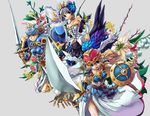  armor armored_dress bare_shoulders blonde_hair blue_eyes crossover dress foreshortening grey_background gwendolyn helmet lenneth_valkyrie matsumoto_eight multiple_girls odin_sphere shield strapless strapless_dress sword tiara trait_connection valkyrie valkyrie_(vnd) valkyrie_no_densetsu valkyrie_profile vambraces weapon white_hair wings 