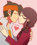  1girl blush brown_hair closed_eyes couple endou_mamoru headband heart hetero inazuma_eleven_(series) inazuma_eleven_go mimiw older profile raimon_natsumi smile 