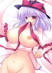  bad_id bad_pixiv_id blush bottomless breast_hold breasts capelet groin hat highres hiyori-o huge_breasts lying mouth_hold nagae_iku nipples nude on_back purple_hair red_eyes revision shawl smile solo touhou 