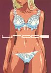  blonde_hair bra copyright_request dark_skin doujinshi head_out_of_frame highres horibe_hiderou lingerie long_hair navel open_mouth panties solo stomach underwear underwear_only 