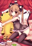  :t animal_ear_fluff animal_ears blush breasts brown_hair cat cat_ears cat_tail cupcake food highres long_hair object_hug original panties small_breasts solo stuffed_animal stuffed_tiger stuffed_toy tail thighhighs underwear usagihime 