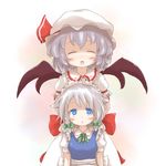  bat_wings blue_dress blue_eyes blue_hair blush braid child closed_eyes dress hands_on_shoulders hat izayoi_sakuya maid multiple_girls open_mouth pink_dress remilia_scarlet shize_(coletti) short_hair silver_hair touhou twin_braids wings younger 