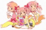  gloves hair_ribbon jar kaname_madoka machico mahou_shoujo_madoka_magica multiple_persona pink_eyes pink_hair ribbon school_uniform short_hair short_twintails sitting thighhighs twintails wariza 