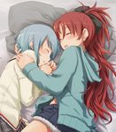  blue_hair bow closed_eyes fang hair_bow hood hoodie long_hair lying mahou_shoujo_madoka_magica miki_sayaka mitakihara_school_uniform multiple_girls plaid ponytail red_hair ryuunosuke_(luckyneco) sakura_kyouko school_uniform short_hair shorts skirt sleeping tears 