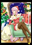  antlers bell black_border blue_eyes blush_stickers border brown_legwear cake candle candy candy_cane christmas_stocking christmas_tree christmas_wreath crossed_legs earrings fcmokuba food fur_trim garter_straps gift hat holly indoors jewelry long_hair megurine_luka merry_christmas outside_border pink_hair sack santa_costume santa_hat sitting slice_of_cake snow solo strawberry_shortcake takoluka thighhighs vocaloid window windowboxed wreath 