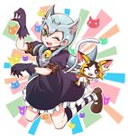  :3 animal_ears baby_tiragon bell blue_hair blush cat_ears cat_tail cathy_(yuu-gi-ou_zexal) claws dress duel_monster emu_(toran) fang gloves green_eyes horns kneehighs long_hair one_eye_closed open_mouth paw_pose smile striped striped_legwear tail yuu-gi-ou yuu-gi-ou_zexal 