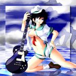  7ban bad_id bad_pixiv_id between_breasts black_hair blue_eyes border bracelet breasts cleavage electric_guitar guitar hand_on_hip hat instrument jewelry kneeling lips medium_breasts midriff murasa_minamitsu navel no_bra open_clothes ring sailor sailor_hat short_hair short_shorts shorts solo tattoo touhou unbuttoned 